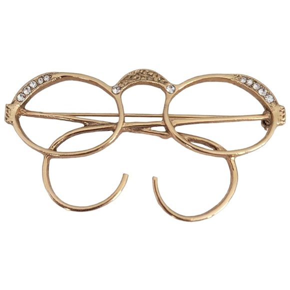 1928 Brand Gold Tone Clear Rhinestone Spectacles Eye Glass Brooch Pin K810 - Picture 7 of 7